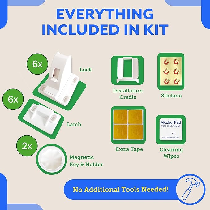 6 Pack Magnetic Cabinet Locks for Babies (with 2 Keys), Eco Baby Magnetic Baby Proofing Cabinet Locks, Child Locks for Cabinets Drawers Doors for Back to School, Easy Installation No Tools Required