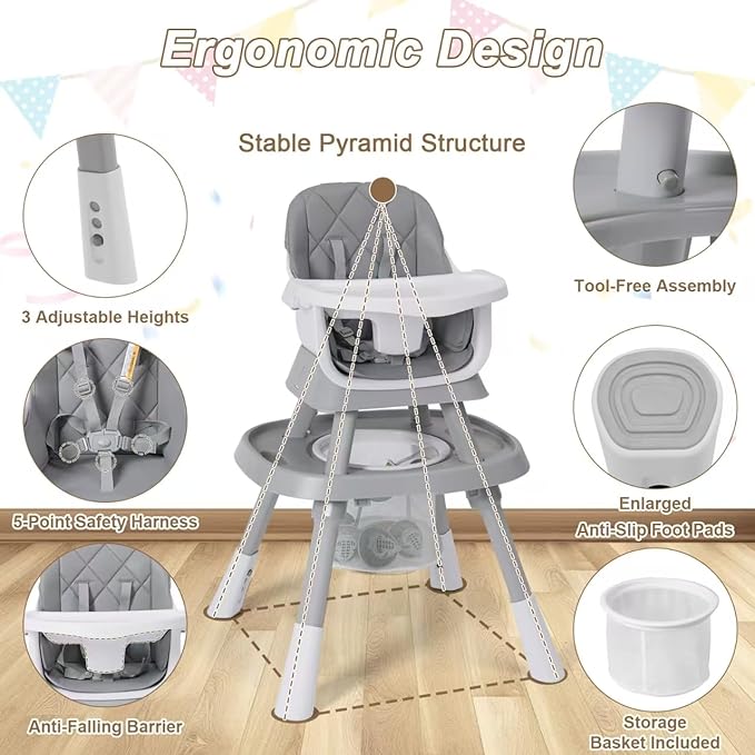 Babyliebe 15-in-1 Baby High Chair, Convertible Highchair for Babies and Toddlers with Activity Center, Booster Seat, Building Block Table, Toddler Chair with Safety Harness, Removable Tray (Gray)