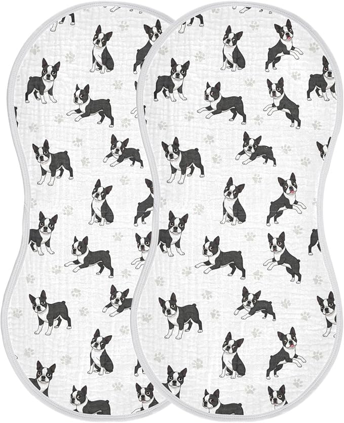 2 Pack Muslin Burp Cloths Boston Dogs Paw White Cotton Baby Burp Cloths Ultra Absorbent Soft Thick Burping Cloth for Baby Boys Girls 22x11 Inch