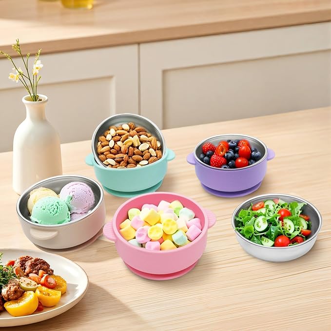 4 Pack Stainless Steel Baby Bowls with Suction, 2-in-1 SUS304 Toddlers Bowl & Removable Silicone Suction Kids Bowl Anti Scald Non Toxic Snack Container for Baby Food Feeding