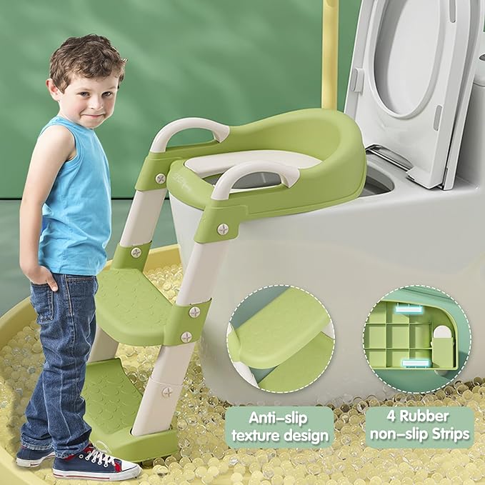 Potty Chair, potty training toilet seat with step stool ladder for Kids and Toddler Boys Girls - Kids Potty Training Soft Padded Seat（Green）