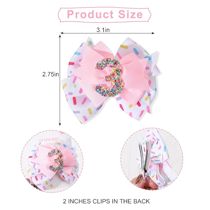 Sprinkle Confetti Hair Bow - First Birthday Pink Party Decoration for Baby Girls, Ice Cream Theme 1st Birthday (3th Girls Hair Bow)