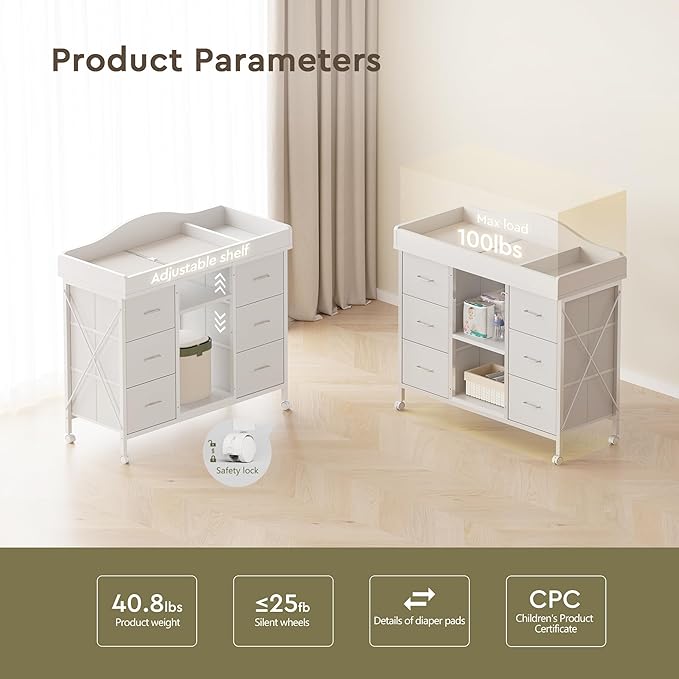 Changing Table, 6-Drawer Baby Dresser with Changing Table top, Waterproof Diaper Changing Station & Pad, 2 Height-Adjustable Open Storage Shelves, Mobile Nursery Organizer, White