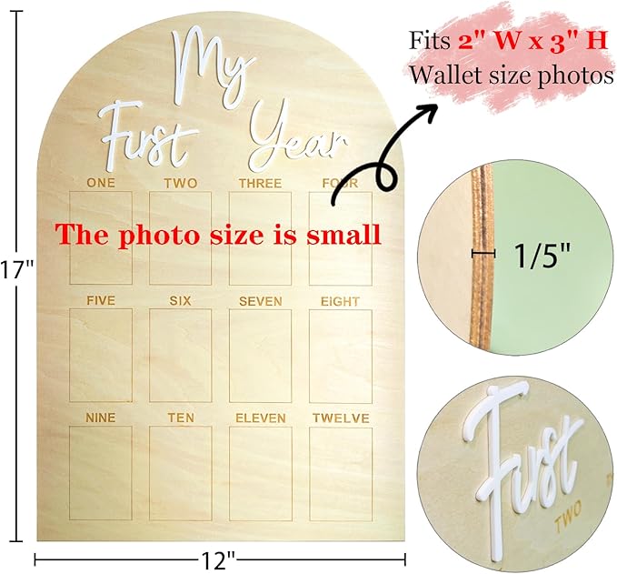 One Year Birthday Wooden Photo Board My First Year Milestone Photo Board 12 Monthly Picture Frame Baby First year Wood Acrylic Sign 1st Birthday Decorations Baby Keepsake Gift (2" x 3" photos - Wallet Size)