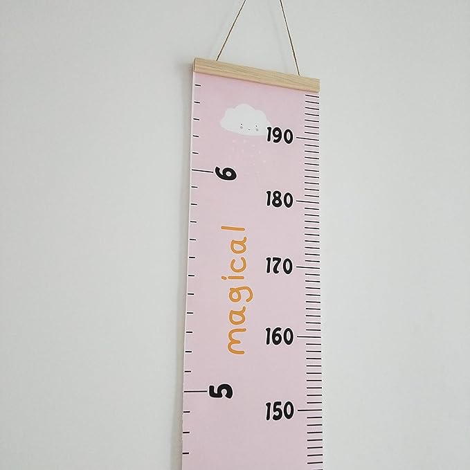 Kids Growth Chart, Wood Frame Fabric Canvas Height Measurement Ruler from Baby to Adult for Child's Room Decoration 7.9 x 79in (7.9 x 79in, Pink - Cloud)
