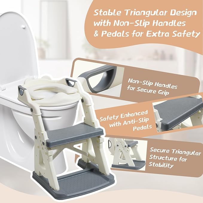 Potty Training Toilet Seat for Toddlers,2 in 1 Toddler Toilet Seat with Steps, Grey Adjustable Toddler Seat for Boys Girls,with Anti-Slip Steps Splash Guard Safety Handles.