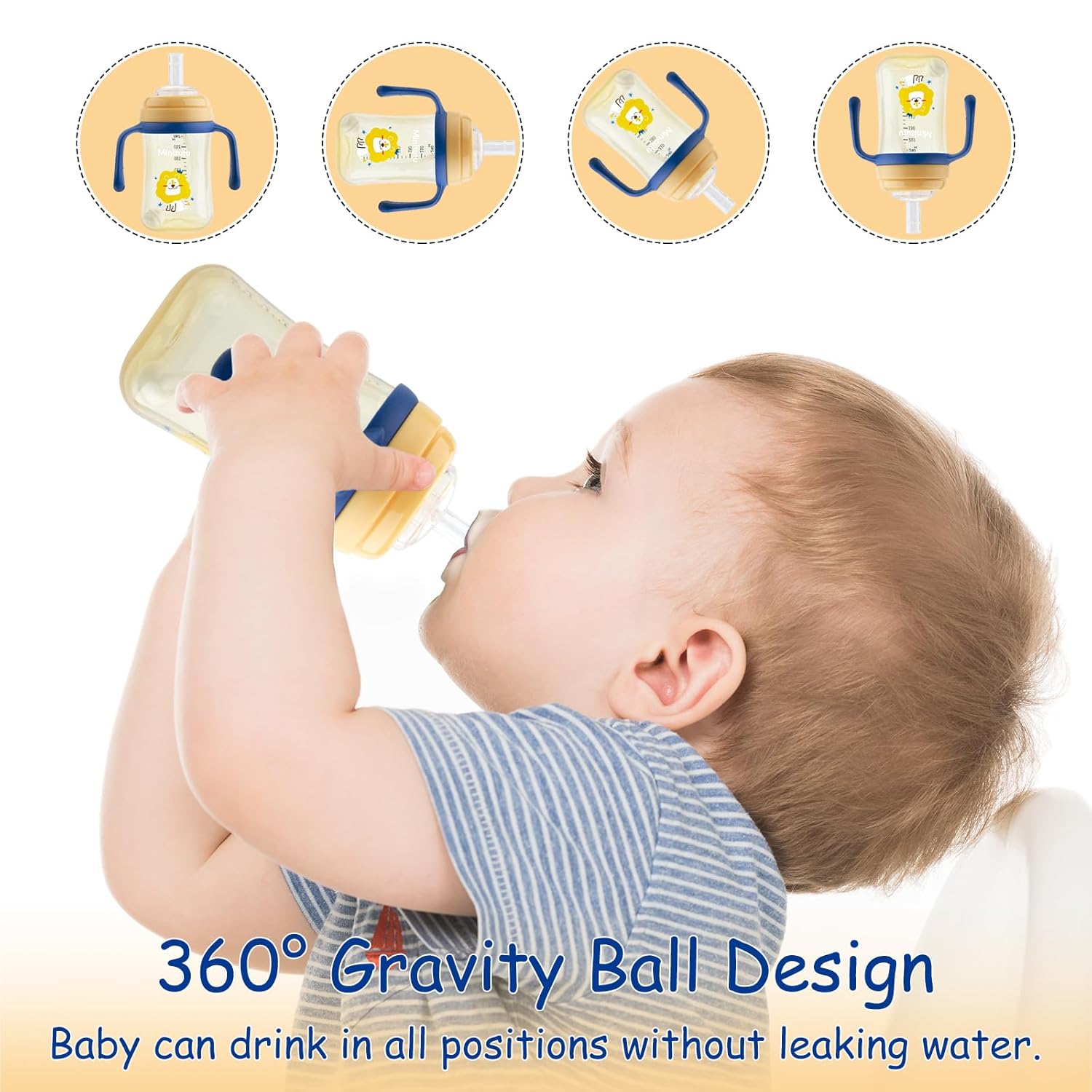 Qshare Sippy Cups For Toddlers, Weighted Straw Learner Cup with Handle for Babies, Water Bottle for Baby 6 Months with 3 Type of Spout, 8 Ounce (Yellow)