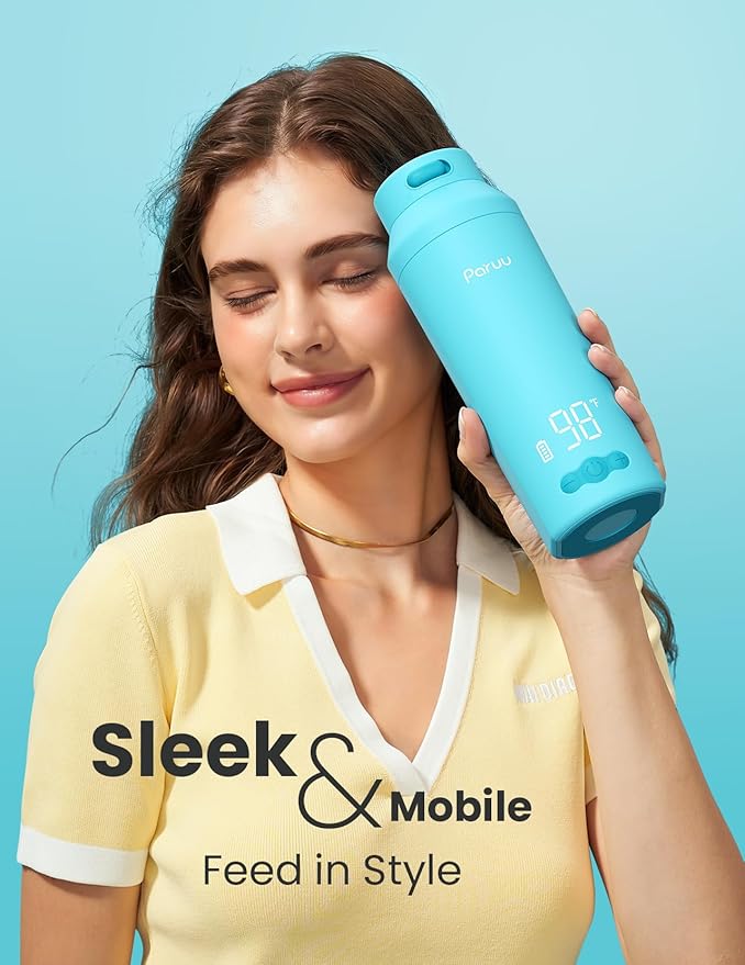 Paruu Portable Bottle Warmer for Travel, Easy-Clean Wide Mouth, Portable Milk Warmer with Fast Heating for Night Feeding, 7-Temp Control, Large 12oz Capacity, Ideal Gifts for New Parents, Blue