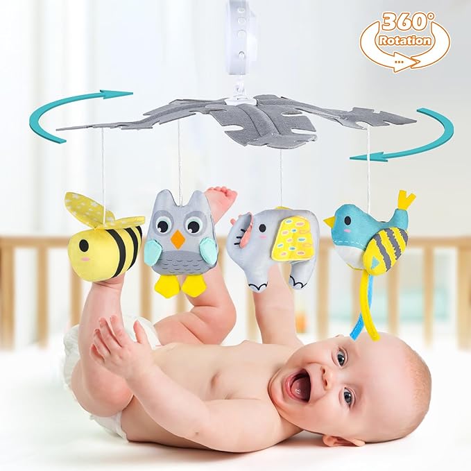 VZO Baby Crib Mobile with Music and Lights, Mobile for Crib with Remote Control, Rotation, Starlight Projection, Crib Toys for Babies Boys Girls Gray