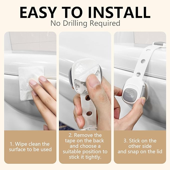 Baby Proof Toilet Lock (2-Pack) - Child Safety Cabinet Locks for Toilet Seat, Drawers, Fridge, Doors | Easy Install with Strong 3M Adhesive | Non-Toxic & Adjustable Strap for Toddler & Pet Safety