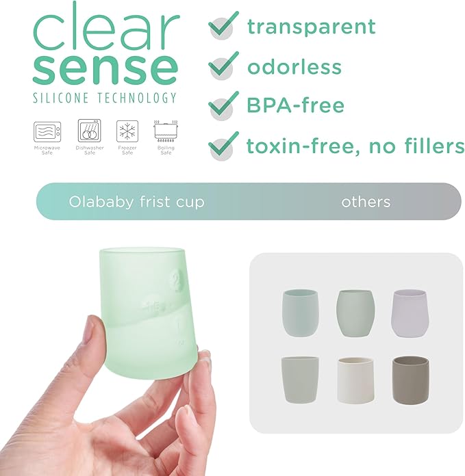 Olababy First Cup | Clear Sense 100% Silicone Infant Trainer Cup | 2oz Medicine Cup for Newborn | Non-Slip & Sloping Design for Tiny Hands & Baby Led Weaning (Kiwi, 1 Cup)
