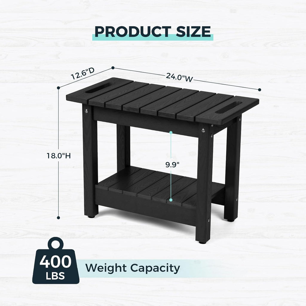 Waterproof Shower Bench, 24" Poly Lumber Shower Stool for Shaving Legs, Shower Chair Seat with Storage Shelf and Handles, Bathroom Bench for Inside Shower, Non-Slip (Black)