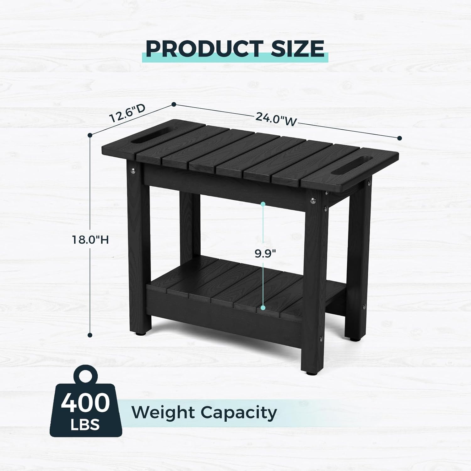 Waterproof Shower Bench, 24" Poly Lumber Shower Stool for Shaving Legs, Shower Chair Seat with Storage Shelf and Handles, Bathroom Bench for Inside Shower, Non-Slip (Black)