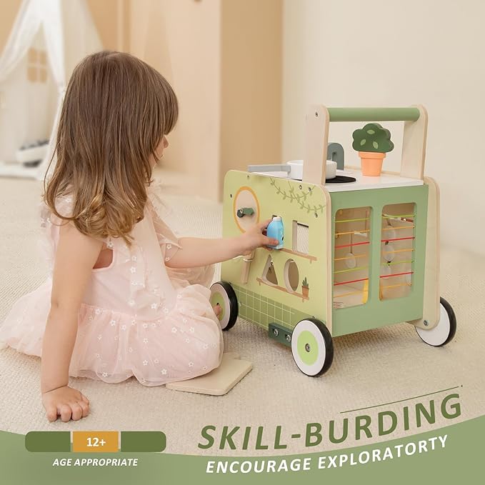 Baby Push Walker -Wooden Push Walker Montessori Toy- Toddler Learning Activity Walker for Girls Boys 1-3 Years - Pretend Kitchen Playset Ideal for Toddlers（Green ）