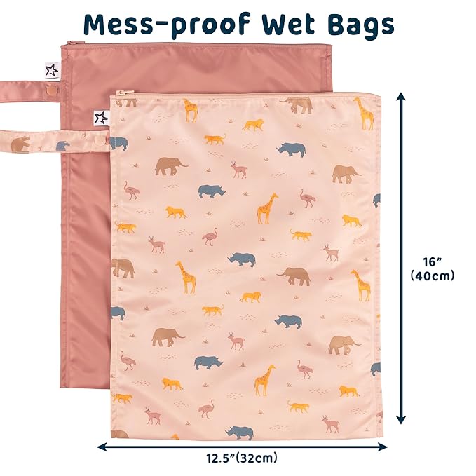 Tiny Twinkle Mess proof Waterproof Wet Dry Bag,2pk Reusable Wet Bags for Swimsuits&Baby Clothes,Leakproof Wet Bag,Waterproof Bag for Travel&Diaper bag,Wet Bags for Baby (Petite Safari)