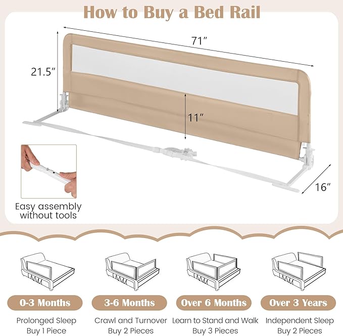 HONEY JOY Bed Rail for Toddlers, 71-in Extra Long, Portable Safety Bed Guardrail w/Double Safety Child Lock, Foldable Baby Bed Rail Guard, Fit King & Queen Full Twin Size Bed Mattress(Beige, Pack 1)