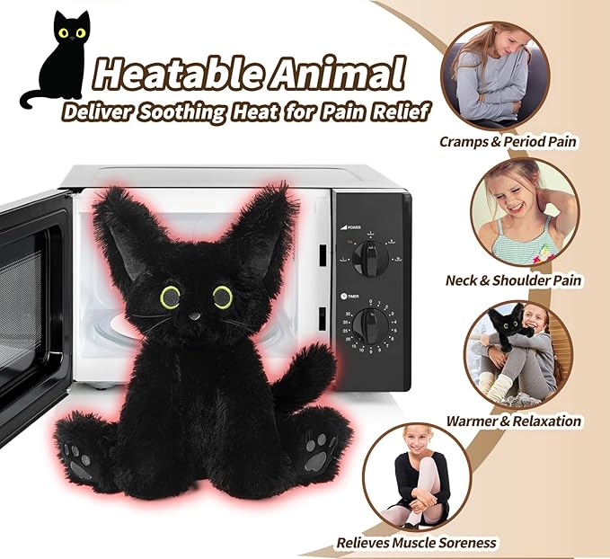Cuckool Black Cat Stuffed Animals, Microwavable Stuffed Animals Heating Pad for Cramps, Pain Stress Relief, Heatable & Coolable Lavender Scented Cat Plush Toys for Anxiety, Women & Kids Bedtime