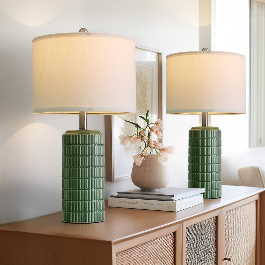 PoKat 23" Dark Green Ceramic Table Lamps Set of 2, Modern Table Lamps for Living Room, Farmhouse Lamps for Bedroom Night Stands, Traditional Nightstand Desk Decor Lamps