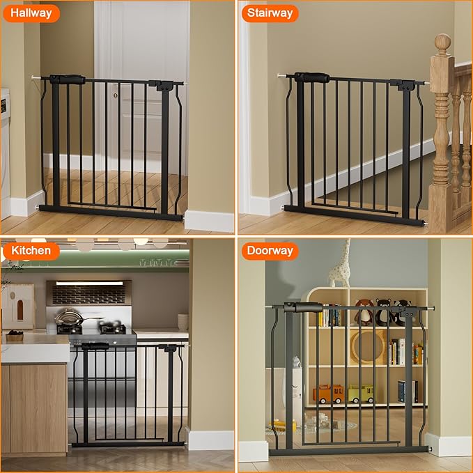 Walk Through Baby Gates Extra Wide for Stairs Doorways Auto Close Tension Black Metal Child Pet Safety Gates with Pressure Mount 62-67 Inch