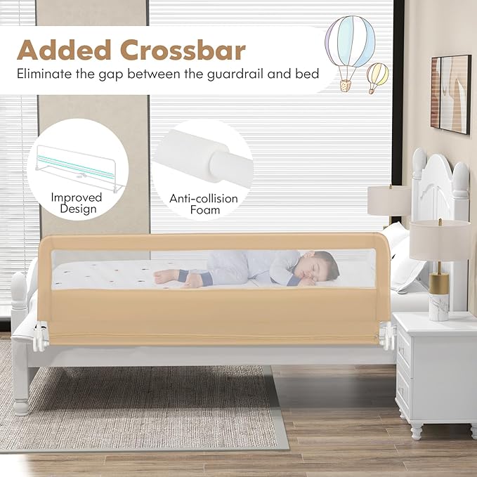 Costzon Bed Rail for Toddlers, 2 PCS Extra Long Swing Down Safety Bed Guards w/Straps for Convertible Crib, Kids Twin, Double, Full Size, Queen & King Bed, Folding Bed Rails for Baby (71-Inch, Beige)