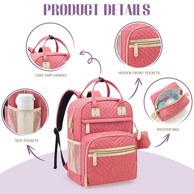 Tuwubi Diaper Bag Backpack, Baby Essentials Travel Tote Bag, Multi function Waterproof Backpacks, Travel Essentials with Stroller Straps & Pacifier Case - Pink