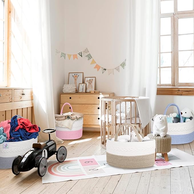 KiddyCare Woven Diaper Caddy Organizer, Large Gray Multi Functional Portable Baby Basket with Handle, Baby Gift for Boy/Girl Nursery Storage, Organization, and Modern Car Diaper Caddy Natural X-Large