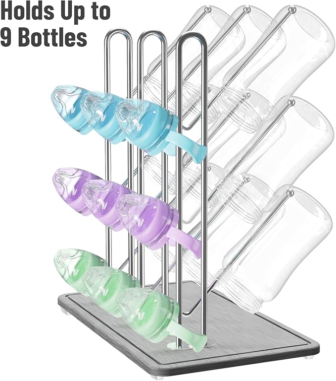 NiHome Baby Bottle Drying Rack with Diatomite Base & Stainless Steel Frame, Foldable Countertop Organizer Holds 9 Bottles, Space-Saving Stand for Water Bottles, Lids, Reusable Bags & More