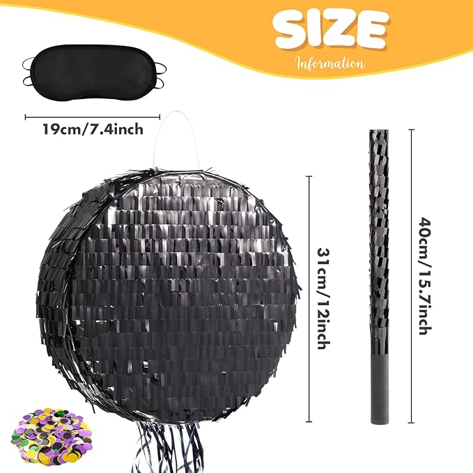 WERNNSAI Black Round Pinata for DIY - Halloween Black Moon Pinata for Kids DIY Birthday Party Disco Decoration for Adult Night Party Supplies with Confetti Bat Blindfold, 12.2”x 12.2”