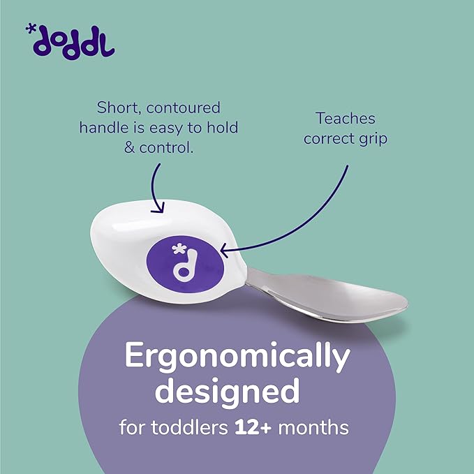 doddl Toddler Utensils, Ergonomic Fork Spoon and Knife Set for Self Feeding, Stainless Steel Silverware for 1-3 Year Olds, BPA Free, Dishwasher Safe (Indigo)