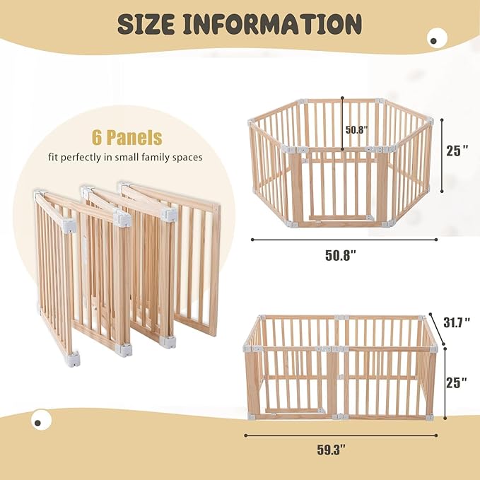 Foldable Wooden Playpen, Large Baby Play Yard with Locking Gate for Babies and Toddler 1-3 Year, Portable Playpen for Activity Center Indoor Outdoor(Wood, 6 Panel)