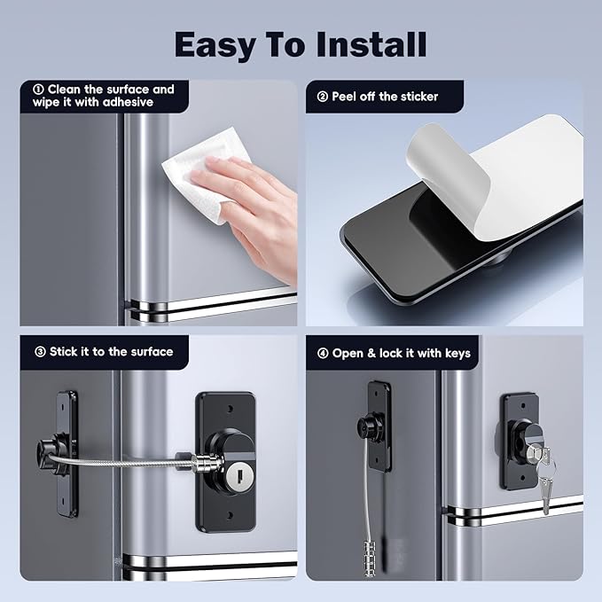 4 Pack Refrigerator Door Lock with Adhesive, No Tools Required, Child Proof Fridge Door Lock for Kids and Pets, Self Adhesive Latch for Freezer, Cabinets, Drawers, Windows (Patent)