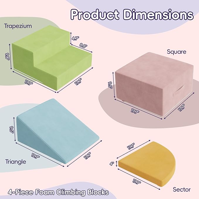 4 Piece Foam Climbing Blocks for Toddlers, Baby Climbing Gym with Ultra High Density Foam for Crawling and Sliding, Indoor Soft Play Set for Infant, Babies & Kids - Multicolor (Multicolor A, 4-Piece)