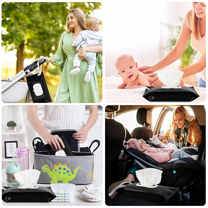 FEBSNOW 2 Pack Baby Wipes Dispenser Holder, Black Portable Refillable Baby Wet Wipes Pouch Container Reusable Travel Case