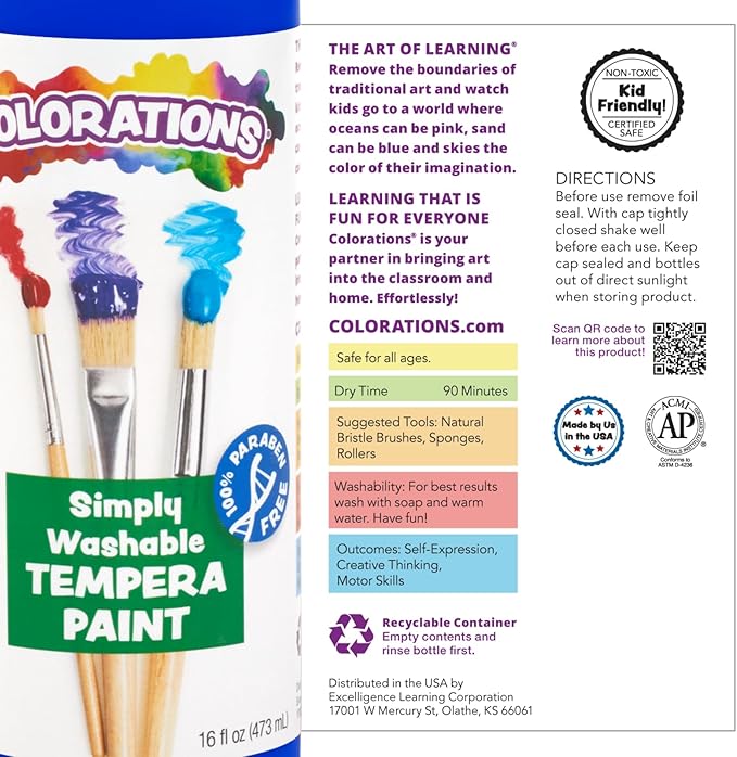 Colorations Paraben-Free Simply Washable Tempera Paint, Rainbow Plus 8 Pack, Matte Finish, Classroom Supplies, Vibrant Colors, Non-Toxic, Washes Off Easily, School, Craft, Art Supply Set, Each 16oz