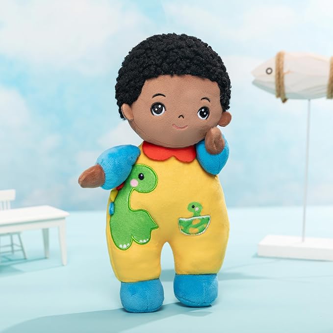 OUOZZZ 10" Soft Black Boy Baby Doll for 1 Year Old - Dinosaur Toys for 1 Year Old Birthday Christmas Plush Gift for Toddler Adorable First Buddy Doll