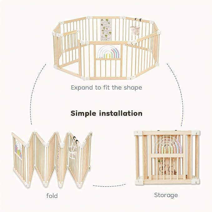 Foldable Wooden Baby Playpen Activity Center,Adjustable Size & Shape Portable Play Yard, Baby Fence Play Area with Gate for Indoor Use for Babies and Toddlers(56x56x24inches)