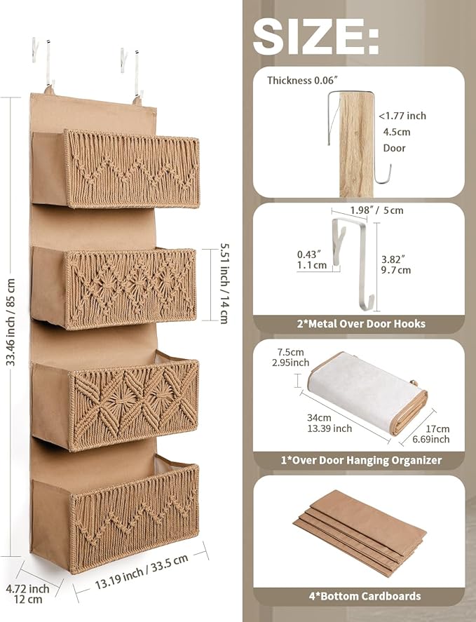 ANTIS'S HOME Nursery Over The Door Organizer Boho Decor Nursery Storage with 4 Large Woven Pockets, Macrame Nursery Organizers and Toys Storage, Behind Door for Bathroom, Bedroom, Brown