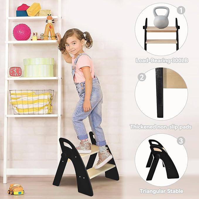 Wooden 2 Step Stool for Kids Bathroom Sink Foldable Anti-Slip 2-Step for Toilet Potty Training, Child Stepping Stool for Kitchen Nursery Bedroom, Sturdy Non Slip Adult Stool for Closet Black