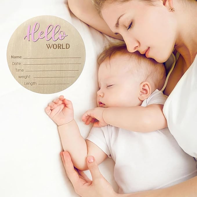 Baby Announcement Sign, 5.9 Inch Wooden Hello World Newborn Signs, Birth Announcement Sign, Baby Shower Hospital Nursery for Newborn Boys and Girls (Light Pink,Pen)