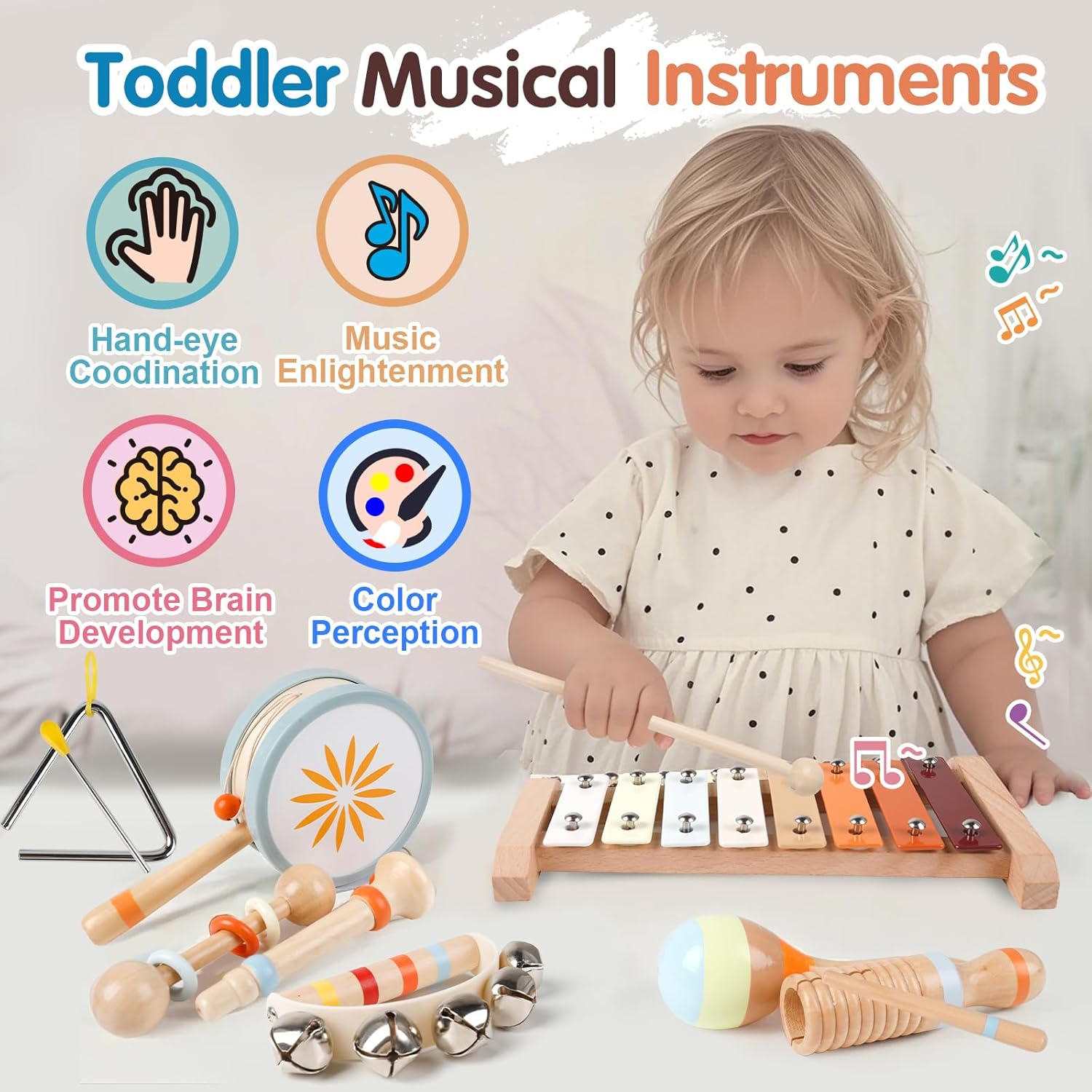 Toddler Musical Instruments-Montessori Wooden Educational Toys for Toddlers 1-3 Baby Musical Instruments Neutral Color Musical Instruments Set with Xylophone Maracas Bell Birthday Gift for Ages 1 2 3