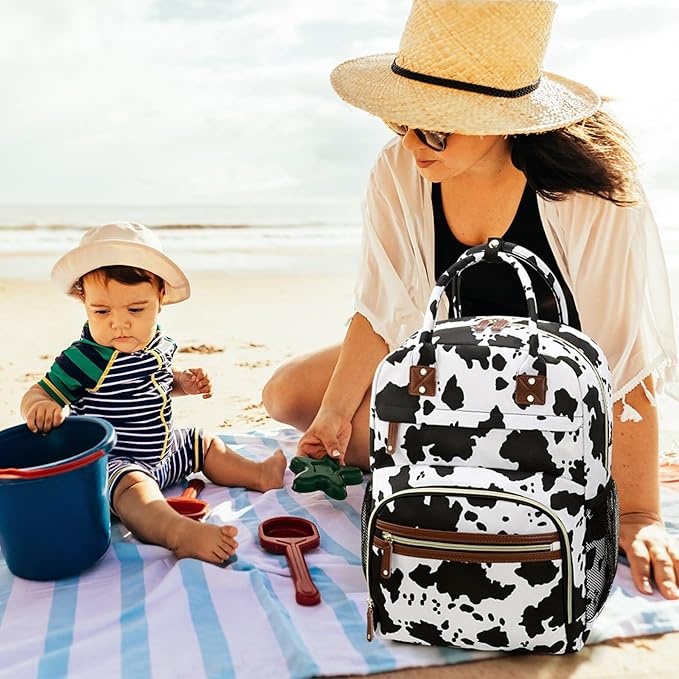 Large Capacity Baby Diaper Bag Backpack with Insulated Pockets, Waterproof, Stylish Cow Print Design, Suitable for Boys and Girls