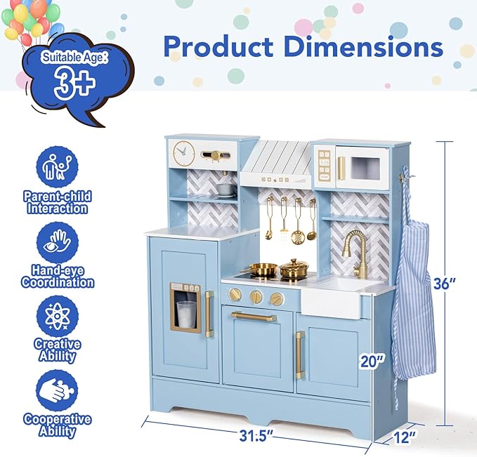 Play Kitchen for Kids, Wooden Children Kitchen Playset w/Coffee Maker, Oven, Stove, Sink, Apron, Ice Maker, Cookware, Kids Toy Kitchen Set for Toddler Girls Boys Pretend Play Toy Gift Ages 3+