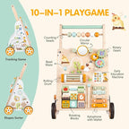 Wooden Baby Walker with Wheels, Push Walker with Baby Activity Center, Montessori Walking Toy for 1 Year Old Girls Boys, Ajustable Speed & Height Activity Toy for Toddler Learning to Walk 12+ Months