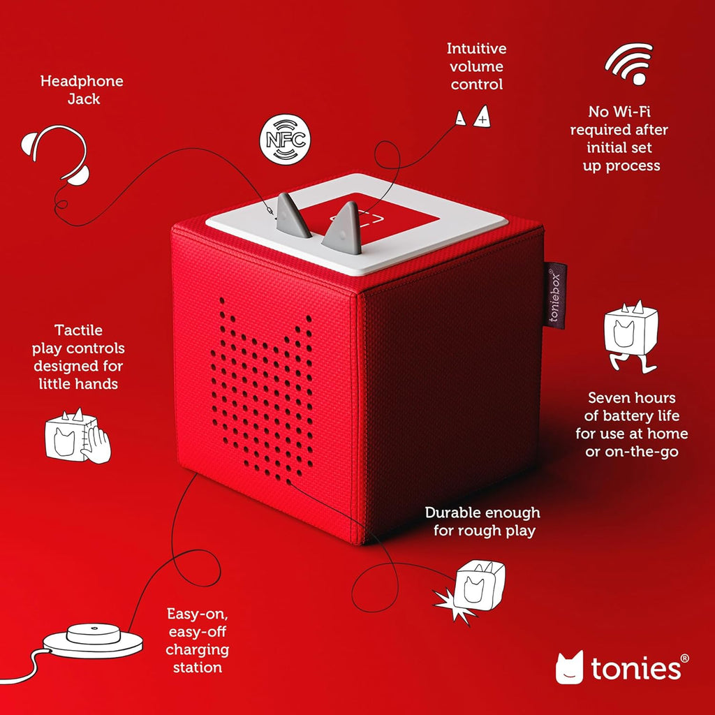 Tonies Toniebox Audio Player Starter Set with Spidey, Ghost-Spider, Spin, Black Panther, and Playtime Puppy - Ages 3+, Listen, Learn, and Play with One Huggable Little Box - Red
