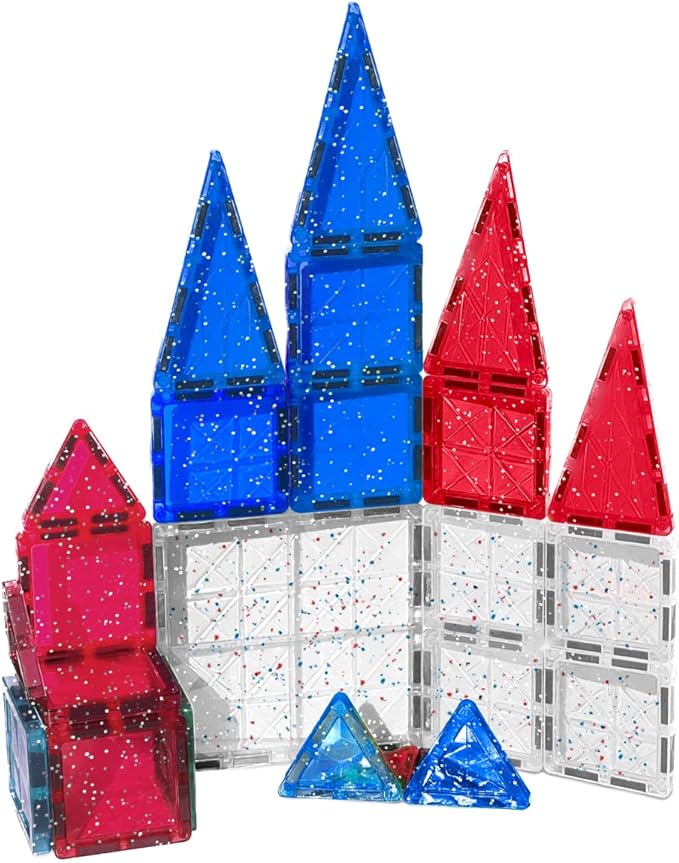 CreateOn Crayola Red, White & Blue Glitter PIP Magnetic Tiles, Magnetic Kids’ Building Toys, Classroom Sensory Blocks, STEM Learning Travel Toys for Boys and Girls, 27-Piece Set