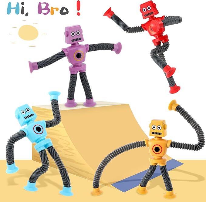 Pop Tubes LED Robot 4 Pcs Light Up Fidget Tubes Sensory Toys Robot Telescopic Suction Cup, Toddler Autism Stress Relief Stocking Stuffers Halloween Party Favors Travel Toys for Kids