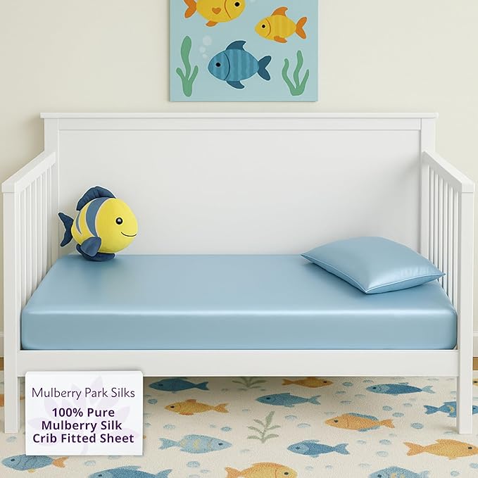 Mulberry Park Fitted Silk Crib Sheet - Grade 6A Pure 19 Momme Toddler Bedding - Gentle on Baby's Delicate Skin, Helps with Bald Spot, Eczema, Dry Skin & Cradle Cap - 28" x 52" / Bedtime Blue