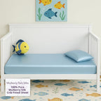 Mulberry Park Fitted Silk Crib Sheet - Grade 6A Pure 19 Momme Toddler Bedding - Gentle on Baby's Delicate Skin, Helps with Bald Spot, Eczema, Dry Skin & Cradle Cap - 28" x 52" / Bedtime Blue
