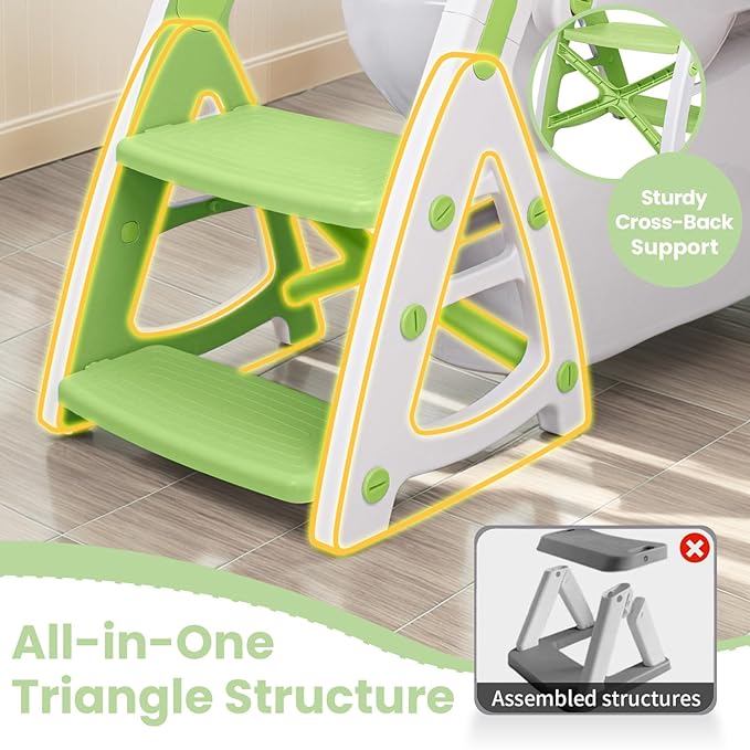 Primlect Potty Training Seat, 2-in-1 Toddler Toilet Seat with Step Stool, Ultra-Stable Potty Chair Attachment, Adjustable Seat and Step Ladder, Non-Slip Design, Splash Guard for Boys and Girls(Green)