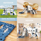 8 in 1 Toddler Slide and Climber Playset Indoor Outdoor Kids Slide with Basketball Hoop,Telescope, Storage Space, Freestanding Backyard Playground for Toddler Age 1-3, Blue